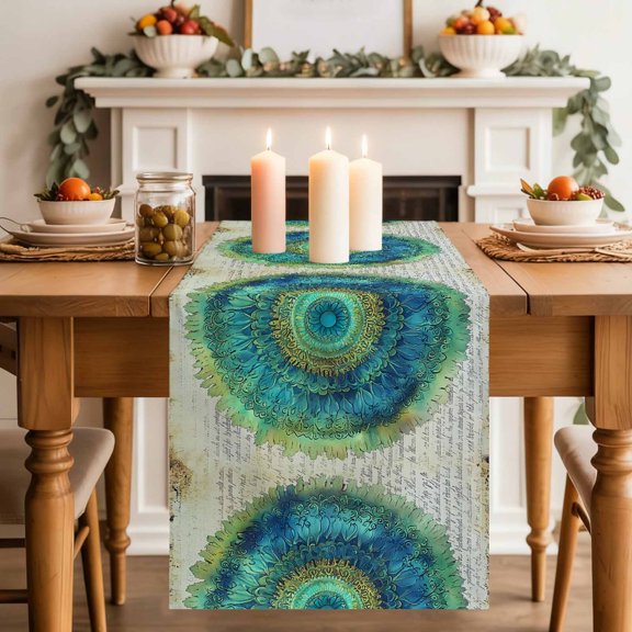 Table Runner 36 Inch Long - Green Seagrass Circle Decorative Table Scarf, Retro Paper Background Dining Table Runners for Wedding Party Kitchen Dining Tables