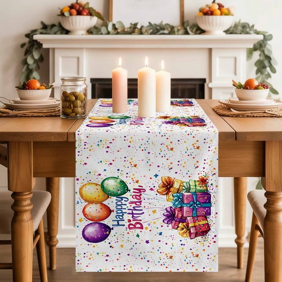 Table Runner 36 Inch Long - Happy Birthday Celebration Party Decorative Table Scarf, Colorful Present Balloon Dining Table Runners for Wedding Party Kitchen Dining Tables