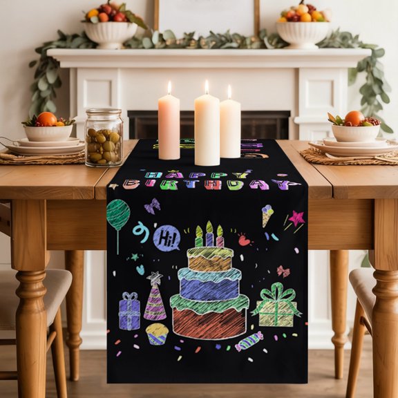 Table Runner 36 Inch Long - Happy Birthday Colorful Line Cake Present Box Decorative Table Scarf, Black Dining Table Runners for Wedding Party Kitchen Dining Tables