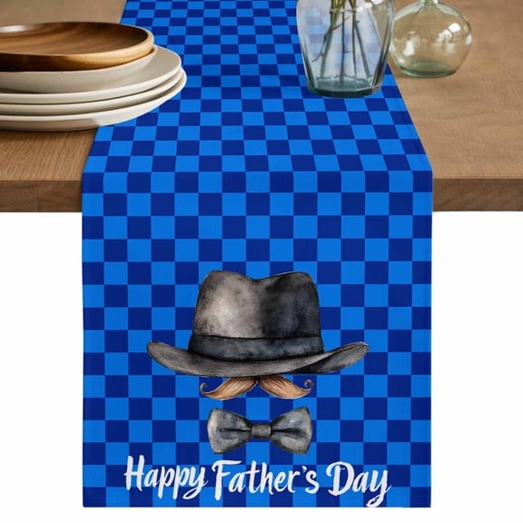 Table Runner 36 Inch Long - Happy Father's Day Hat Beard Bow Tie Decorative Table Scarf, Blue Checker Plaid Dining Table Runners for Wedding Party Kitchen Dining Tables