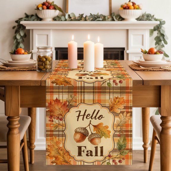 Table Runner 36 Inch Long - Hello Fall Words Plaid Tartan Border Decorative Table Scarf, Autumn Maple Leaves Dining Table Runners for Wedding Party Kitchen Dining Tables