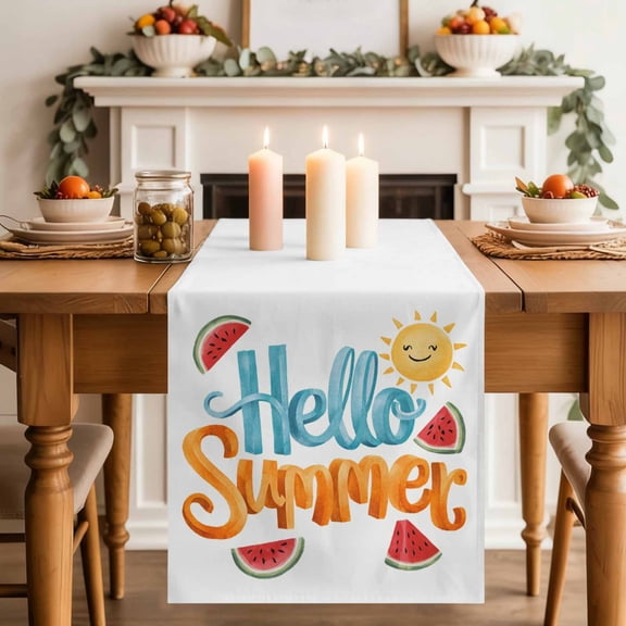 Table Runner 36 Inch Long - Hello Summer Sun Watermelon Decorative Table Scarf, Cartoon Style Dining Table Runners for Wedding Party Kitchen Dining Tables