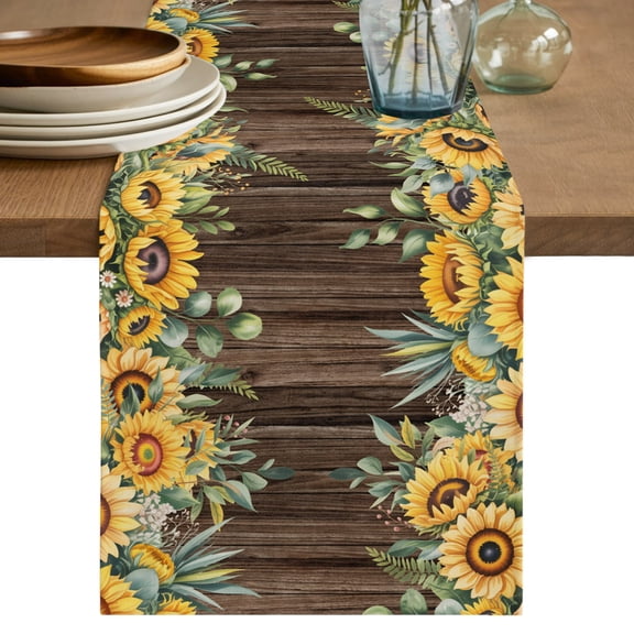 Table Runner 36 Inch Long - Hello Summer Words Decorative Table Scarf, Watercolor Farm Sunflowers Dining Table Runners for Wedding Party Kitchen Dining Tables