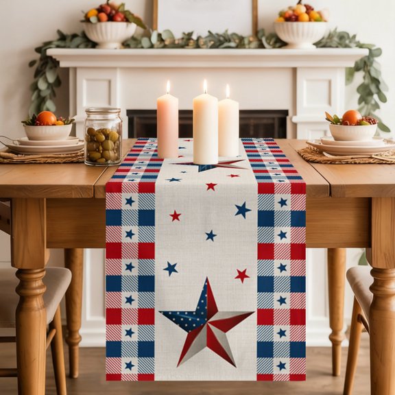 Table Runner 36 Inch Long - Independence Day Flag Star on Cotton Decorative Table Scarf, Buffalo Plaid Border Dining Table Runners for Wedding Party Kitchen Dining Tables