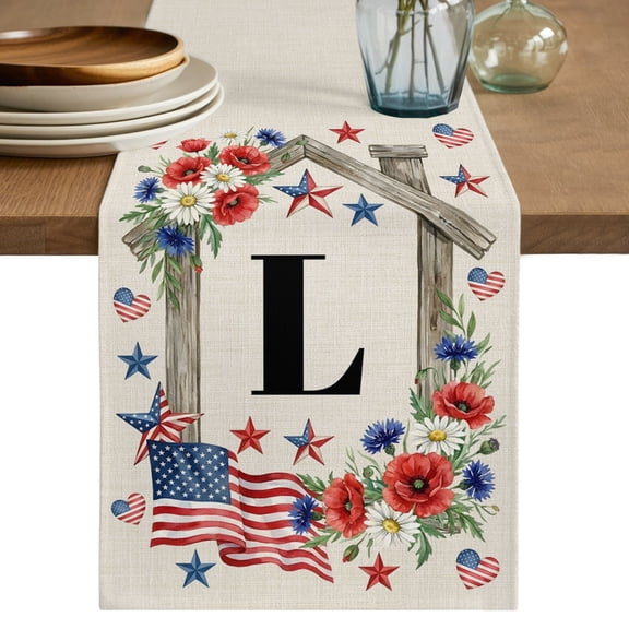 Table Runner - 36 Inch Long, Initial Letter L Kitchen Dining Table Runner Dresser Scarves, Monogram Patriotic USA Flag Floral Wood Farmhouse Decor for Coffee Tables Wedding Party Banquet