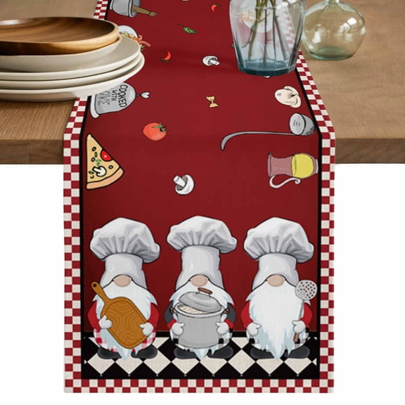 Table Runner 36 Inch Long - Kitchen Gnome Cute Chef Gourmet Pot Decorative Table Scarf, Red Black Plaid Dining Table Runners for Wedding Party Kitchen Dining Tables