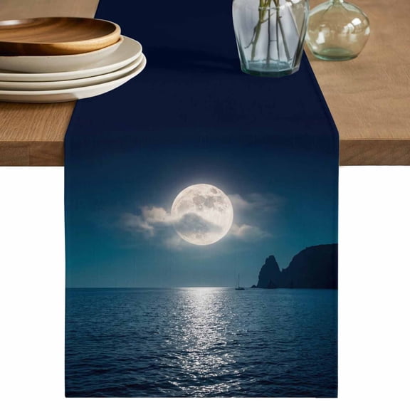 Table Runner - 36 Inch Long, Moonlight Sea Night Kitchen Dining Table Runner Dresser Scarves, Abstract Modern Art Ocean Cloud Farmhouse Decor for Coffee Tables Wedding Party Banquet