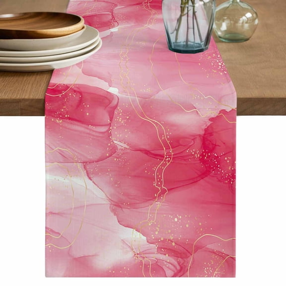 Table Runner 36 Inch Long - Natural Marble Stone Abstract Texture Decorative Table Scarf, Ombre Red and Gold Stripe Dining Table Runners for Wedding Party Kitchen Dining Tables