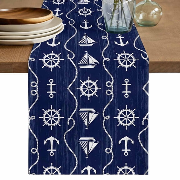 Table Runner 36 Inch Long - Nautical Anchor Sailboat Decorative Table Scarf, Deep Navy Blue Background Dining Table Runners for Wedding Party Kitchen Dining Tables