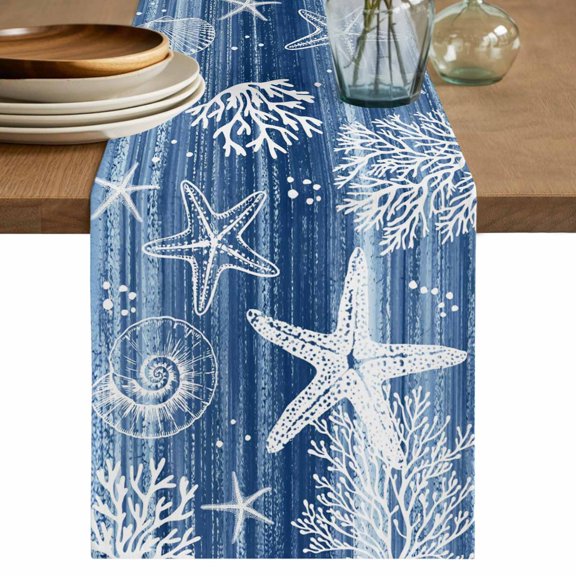 Table Runner - 36 Inch Long, Navy Blue Coastal Kitchen Dining Table Runner Dresser Scarves, Summer Beach Nautical Starfish Coral Vintage Farmhouse Decor for Coffee Tables Wedding Party Banquet