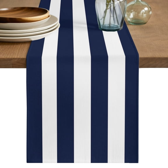 Table Runner 36 Inch Long - Navy Blue Stripe Summer Nautical Theme Decorative Table Scarf, White Geometric Lines Dining Table Runners for Wedding Party Kitchen Dining Tables