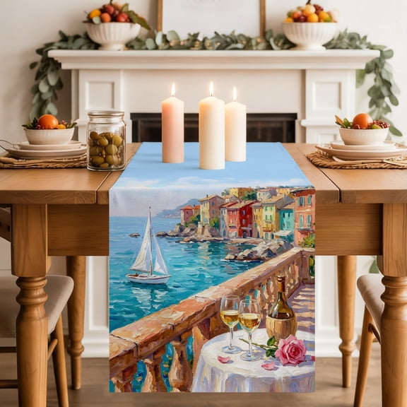 Table Runner 36 Inch Long - Ocean Scene Sailboat Oil Painting Decorative Table Scarf, Coastal Town Italian Style Dining Table Runners for Wedding Party Kitchen Dining Tables