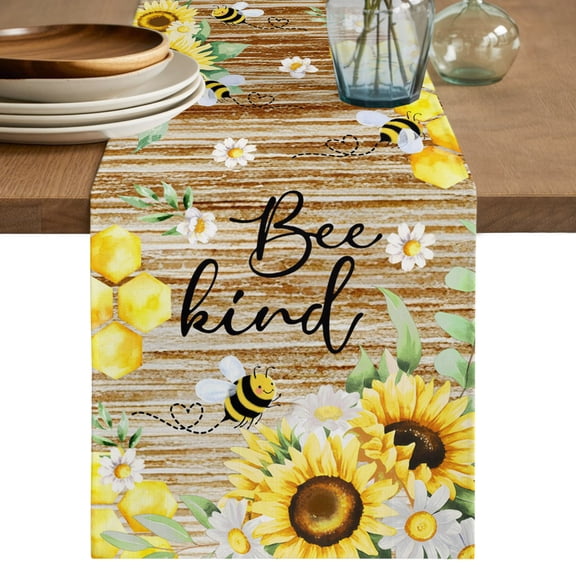 Table Runner 36 Inch Long - Pastoral White Yellow Flower Bee Decorative Table Scarf, Farmhouse Vintage Wood Board Dining Table Runners for Wedding Party Kitchen Dining Tables