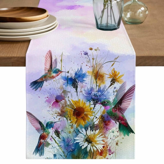 Table Runner - 36 Inch Long, Pink Purple Hummingbird Kitchen Dining Table Runner Dresser Scarves, Spring Oil Painting Sunflowers Farmhouse Decor for Coffee Tables Wedding Party Banquet