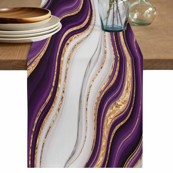 Table Runner 36 Inch Long - Purple Marble Gold Inlay Decorative Table Scarf, Abstract Geometric Stripes Dining Table Runners for Wedding Party Kitchen Dining Tables