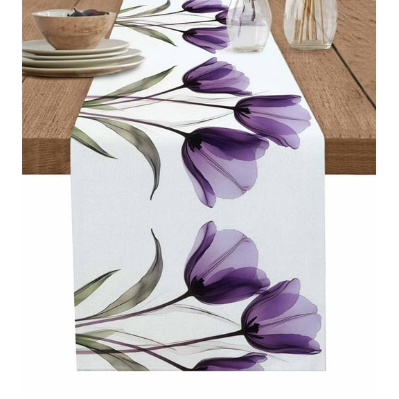 Table Runner 36 Inch Long - Purple Tulip Green LeavesDecorative Table Scarf,Still Life FloralDining Table Runners for Wedding Party Kitchen Dining Tables