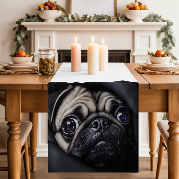 Table Runner 36 Inch Long - Realistic Pug Dog Pattern Decorative Table Scarf, Dark Background Dining Table Runners for Wedding Party Kitchen Dining Tables
