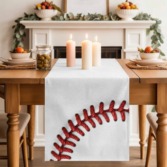 Table Runner 36 Inch Long - Red White Baseball Stitching Texture Decorative Table Scarf, Sport Theme Dining Table Runners for Wedding Party Kitchen Dining Tables