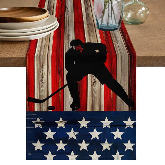 Table Runner 36 Inch Long - Retro American Flag on Red Brown Stripes Decorative Table Scarf, Hockey Sport Player Dining Table Runners for Wedding Party Kitchen Dining Tables