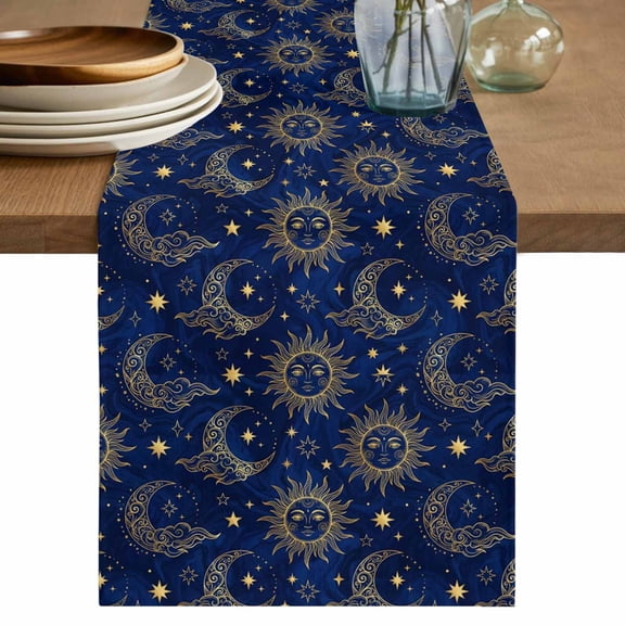 Table Runner 36 Inch Long - Retro Boho Star and Moon Decorative Table Scarf, Dark Blue Night Sky Dining Table Runners for Wedding Party Kitchen Dining Tables
