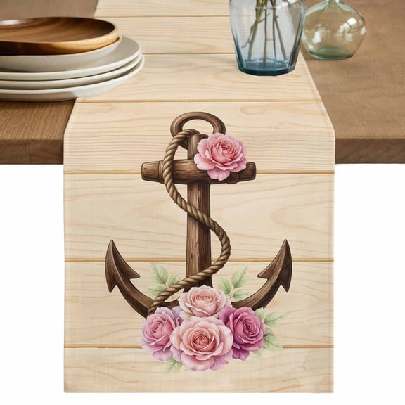 Table Runner 36 Inch Long - Retro Nautical Anchor Pink Rose Decorative Table Scarf, Farm Wood Background Dining Table Runners for Wedding Party Kitchen Dining Tables