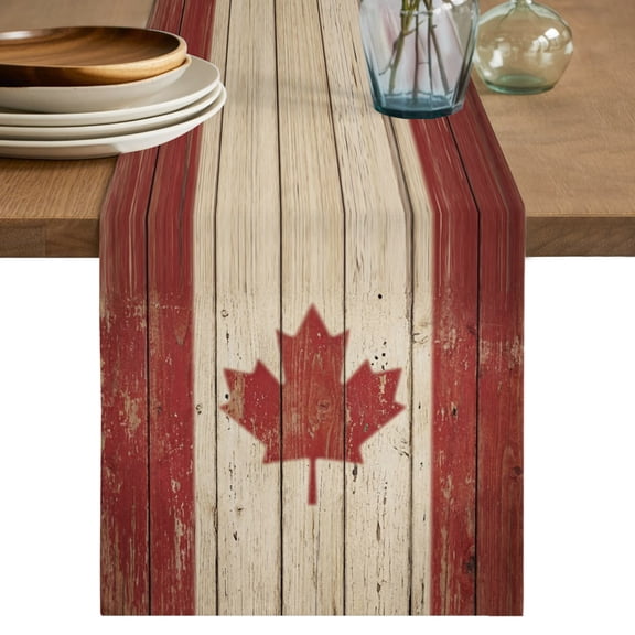 Table Runner 36 Inch Long - Retro Wooden Stripes Maple Leafs Decorative Table Scarf, Country Red Brown Plank Dining Table Runners for Wedding Party Kitchen Dining Tables