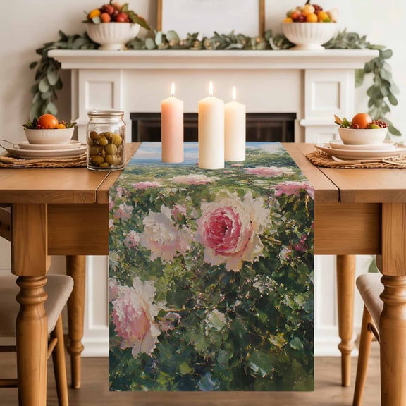 Table Runner 36 Inch Long - Romantic Pink Rose Decorative Table Scarf, Retro Country Lush Meadow Dining Table Runners for Wedding Party Kitchen Dining Tables