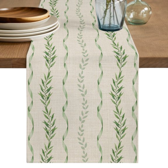 Table Runner 36 Inch Long - Rustic Botanical Leaves on Burlap Decorative Table Scarf, Foliage Vines Green Ribbon Dining Table Runners for Wedding Party Kitchen Dining Tables