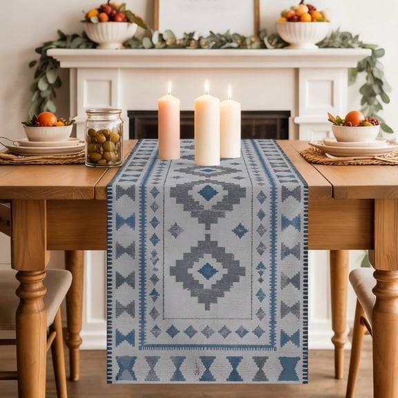Table Runner 36 Inch Long - Southwestern Tribal Geometric Decorative Table Scarf, Retro Aztec Blue Diamond Dining Table Runners for Wedding Party Kitchen Dining Tables