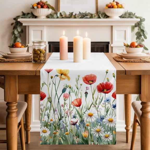 Table Runner 36 Inch Long - Spring Colorful Wild Flowers Decorative Table Scarf, Pastoral Watercolor Daisy Bud Dining Table Runners for Wedding Party Kitchen Dining Tables