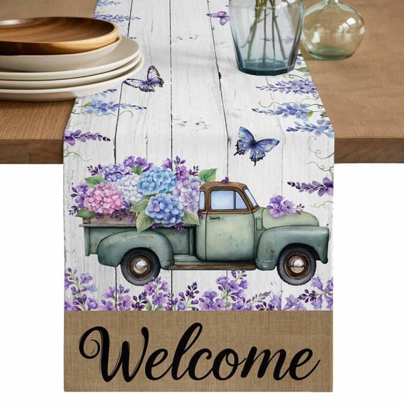 Table Runner 36 Inch Long - Spring Embroidered Balls on Trucks Decorative Table Scarf, Turquoise Flowers Dining Table Runners for Wedding Party Kitchen Dining Tables