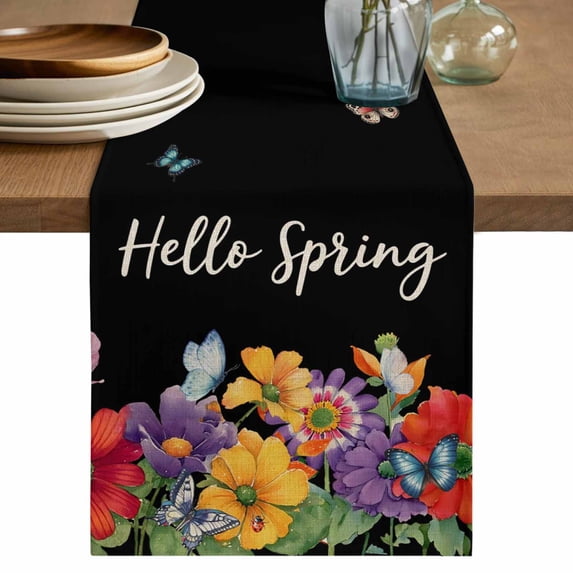 Table Runner - 36 Inch Long, Spring Flowers Kitchen Dining Table Runner Dresser Scarves, Watercolor Country Colorful Floral Black Farmhouse Decor for Coffee Tables Wedding Party Banquet