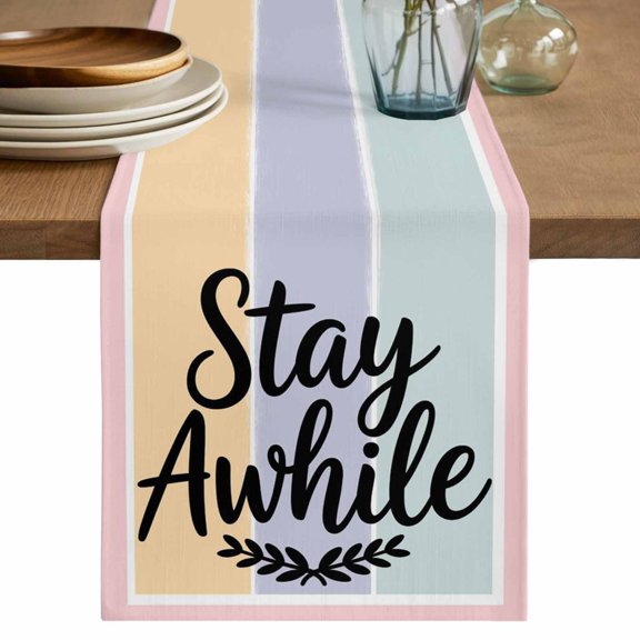 Table Runner 36 Inch Long - Stay Awhile Words Decorative Table Scarf, Abstract Color Block Stripe Dining Table Runners for Wedding Party Kitchen Dining Tables