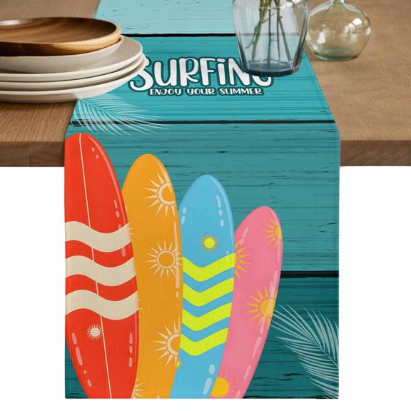 Table Runner 36 Inch Long - Summer Beach Surfboard Decorative Table Scarf, Teal Gradient Wood Board Dining Table Runners for Wedding Party Kitchen Dining Tables