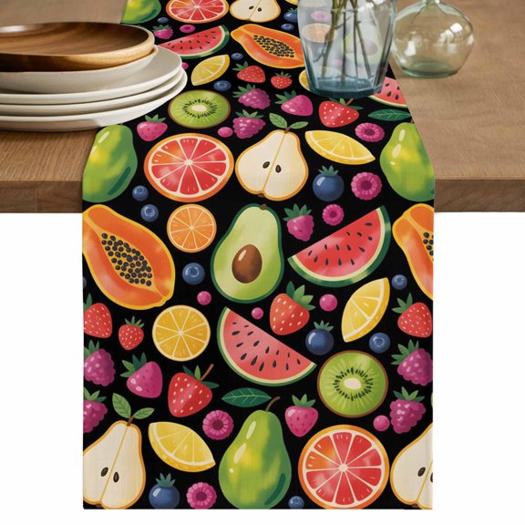 Table Runner - 36 Inch Long, Summer Fruits Kitchen Dining Table Runner Dresser Scarves, Tropical Watermelon Kiwi Black Exotic Farmhouse Decor for Coffee Tables Wedding Party Banquet