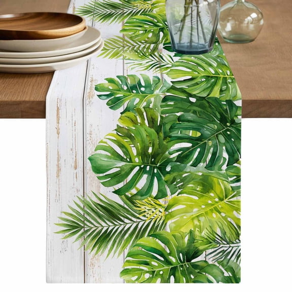 Table Runner 36 Inch Long - Summer Green Palm Leaf Decorative Table Scarf, Tropical Leaves Farmhouse Wood Board Dining Table Runners for Wedding Party Kitchen Dining Tables