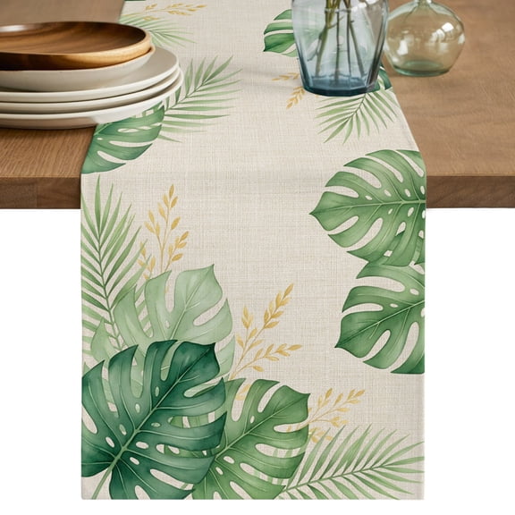 Table Runner 36 Inch Long - Summer Green Palm Leaf Decorative Table Scarf, Tropical Monstera Retro Linen Dining Table Runners for Wedding Party Kitchen Dining Tables