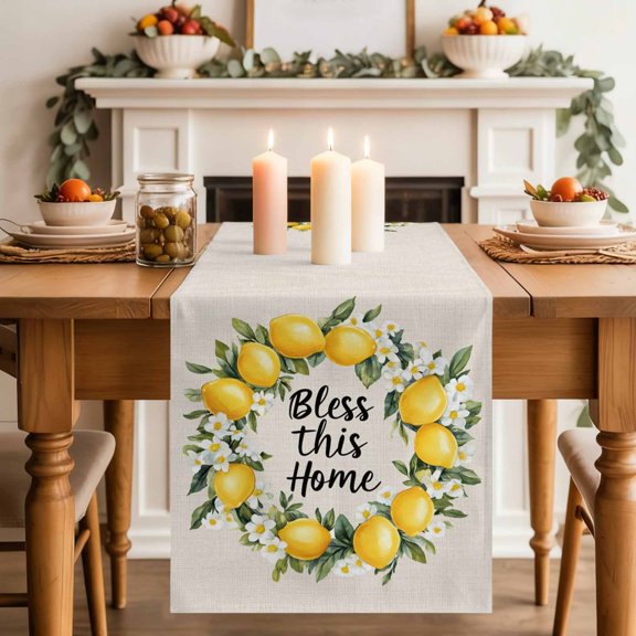 Table Runner 36 Inch Long - Summer Lemon Watercolor Floral Decorative Table Scarf, Bless Home Quote Retro Linen Dining Table Runners for Wedding Party Kitchen Dining Tables