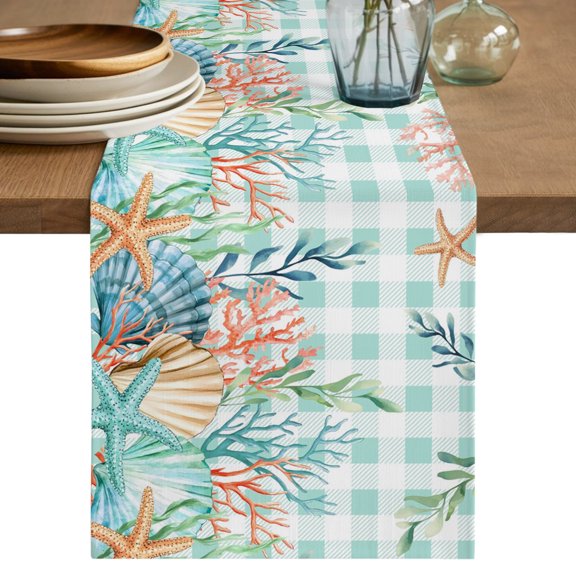 Table Runner 36 Inch Long - Summer Marine Life Coral Starfish Decorative Table Scarf, Sea Shell Teal Buffalo Dining Table Runners for Wedding Party Kitchen Dining Tables