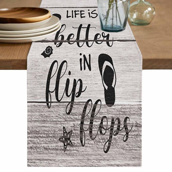Table Runner 36 Inch Long - Summer Ocean Theme Texts with Flip Flops Decorative Table Scarf, Wooden Grain Dining Table Runners for Wedding Party Kitchen Dining Tables