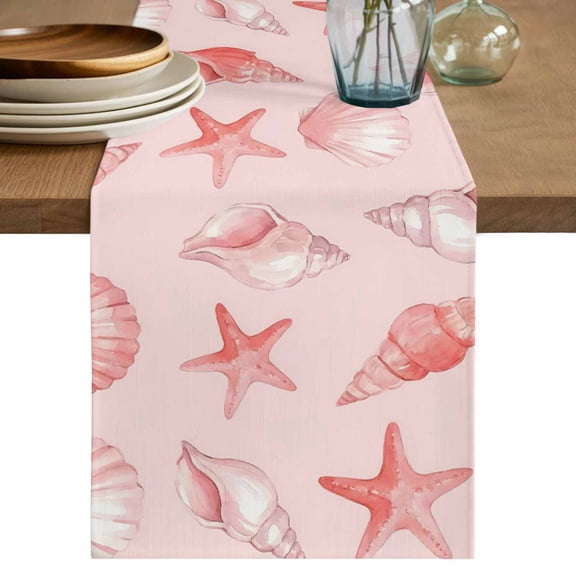 Table Runner 36 Inch Long - Summer Pink Conch Shell Starfish Decorative Table Scarf, Coastal Ocean Creature Dining Table Runners for Wedding Party Kitchen Dining Tables