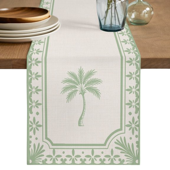 Table Runner 36 Inch Long - Summer Sage Green Palm Tree Decorative Table Scarf, Boho Trees Vintage Linen Texture Dining Table Runners for Wedding Party Kitchen Dining Tables