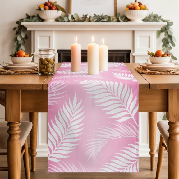 Table Runner 36 Inch Long - Summer Tropical Botanical Decorative Table Scarf, Feather Palm Fronds on Pink Dining Table Runners for Wedding Party Kitchen Dining Tables