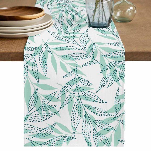 Table Runner 36 Inch Long - Summer Tropical Botanical Sketch Decorative Table Scarf, Mint Teal Leaves Dining Table Runners for Wedding Party Kitchen Dining Tables