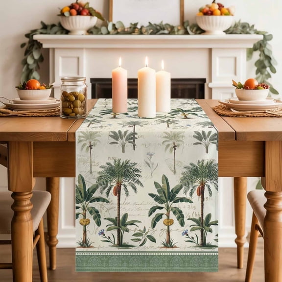 Table Runner 36 Inch Long - Summer Tropical Palm Tree Decorative Table Scarf, Green Border Weathered Textures Dining Table Runners for Wedding Party Kitchen Dining Tables