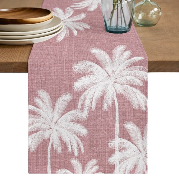 Table Runner 36 Inch Long - Summer Tropical Palm Trees Decorative Table Scarf, Pink Retro Linen Background Dining Table Runners for Wedding Party Kitchen Dining Tables