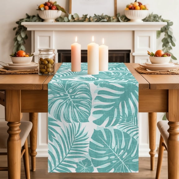 Table Runner 36 Inch Long - Summer Turquoise Monstera Palm Leaf Decorative Table Scarf, Tropical Plant Leaves Dining Table Runners for Wedding Party Kitchen Dining Tables