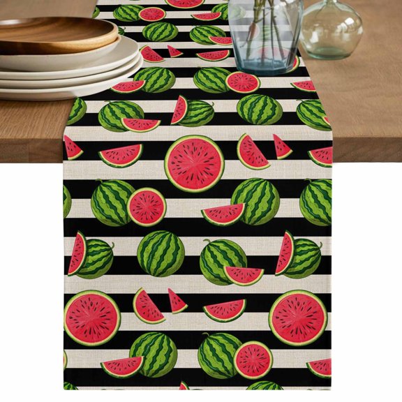Table Runner 36 Inch Long - Summer Watermelon Farm Fruits Decorative Table Scarf, Black Stripe on Beige Dining Table Runners for Wedding Party Kitchen Dining Tables