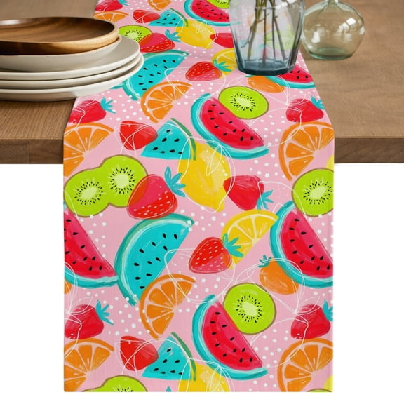 Table Runner 36 Inch Long - Summer Watermelon Strawberry Kiwi Decorative Table Scarf, Farmhouse Fruit on Pink Dining Table Runners for Wedding Party Kitchen Dining Tables