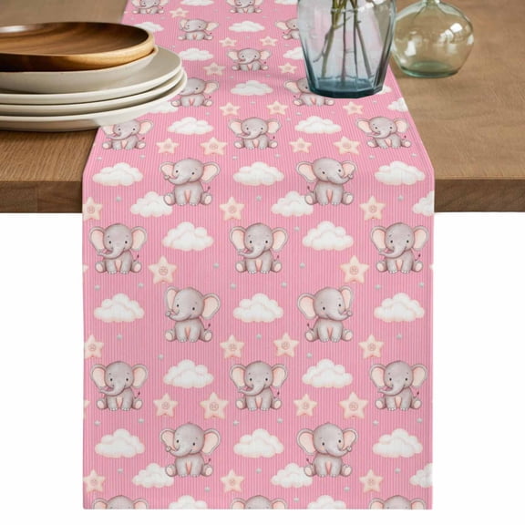 Table Runner 36 Inch Long - Sweet Playful Elephants on Pink Decorative Table Scarf, Stars White Clouds Dining Table Runners for Wedding Party Kitchen Dining Tables